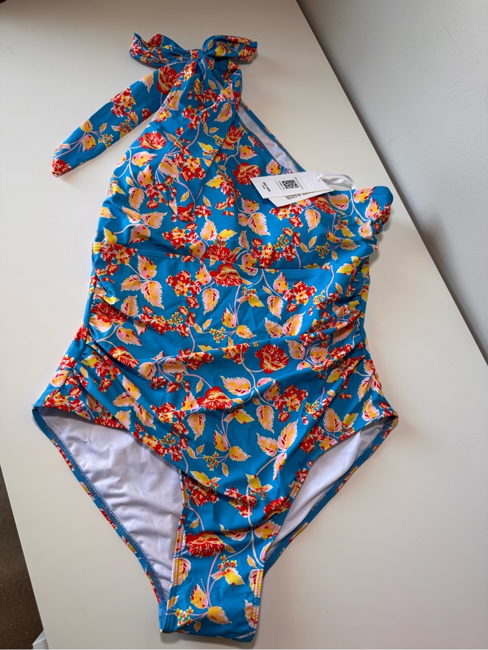 Grace Karin Bright Blue Floral One-Piece Swimsuit one shoulder bow back detail L